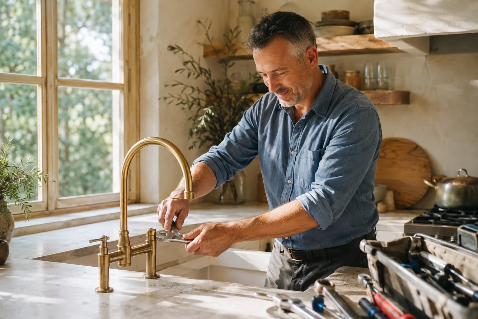 Plumber working on a kitchen faucet
